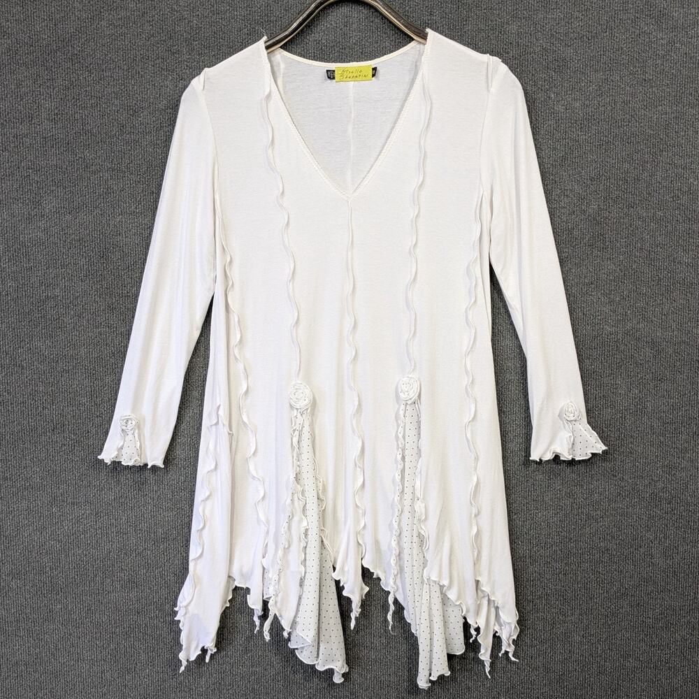 Giselle Shepatin Tunic Top Womens Small Ruffle Fluttery Hem Rosettes Streamers